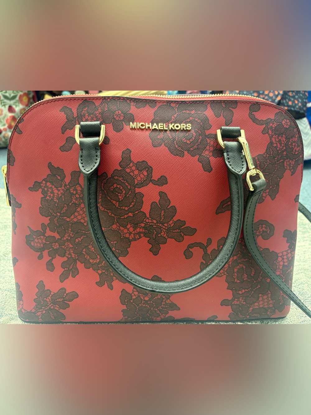Michael Kors Red dome Satchel with Black Lace-Print & Gold Hardware